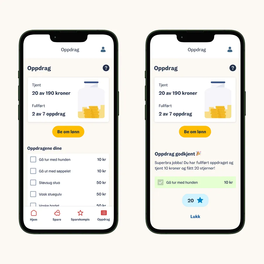 Skjermbildet 'Oppdrag' hvor barna kan fullføre oppgaver hjemme for å tjene ekte penger og stjerner som legges i spareglass og brukes i Kompisbutikken.