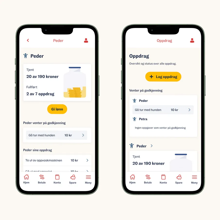 Foreldreportal for Oppdrag med oversikt over barnas oppgaver, status og godkjenning, designet i samme stil som barnesiden for enkel bruk