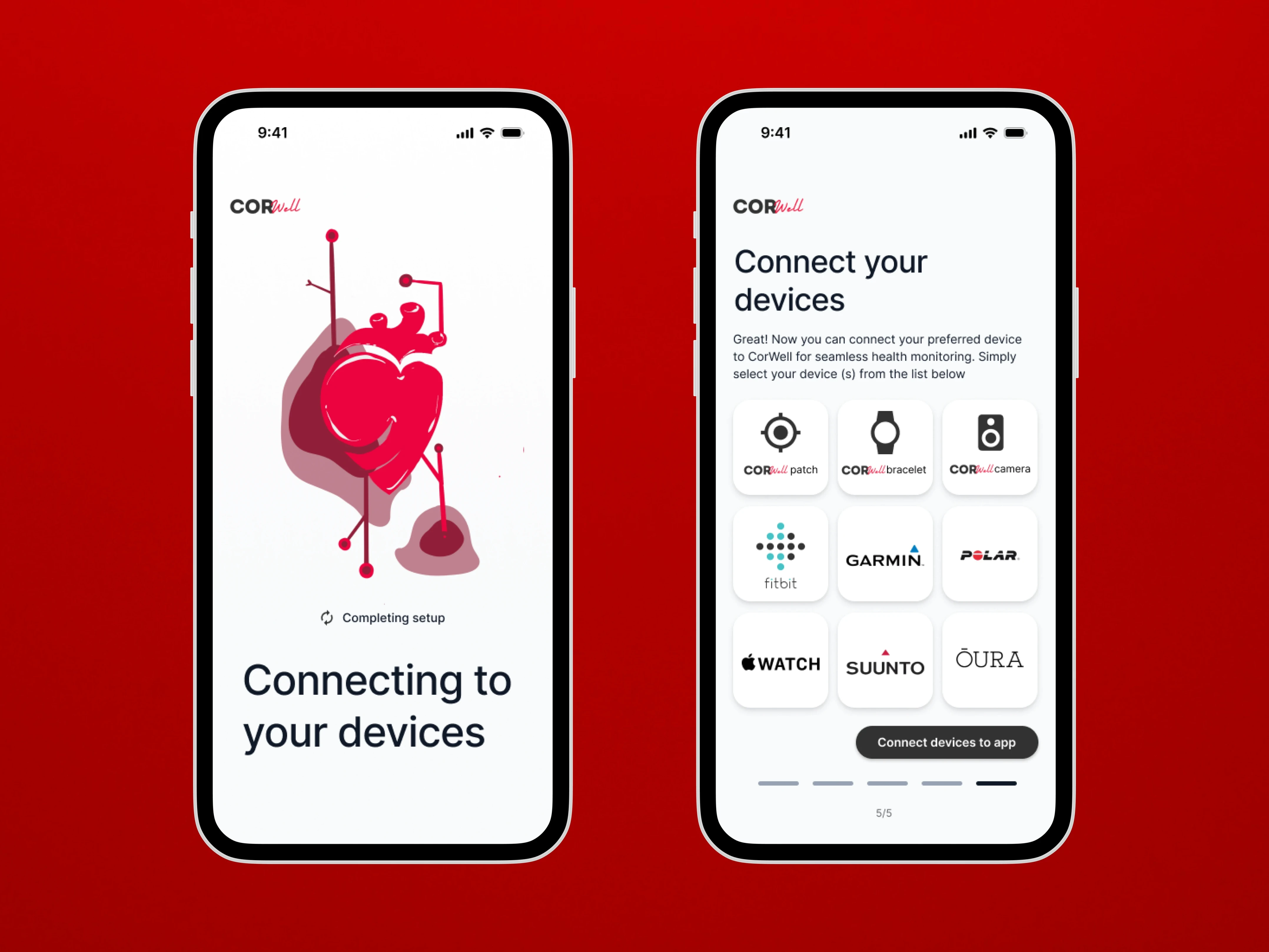 Two mobile screens displaying the onboarding process in Corwell.