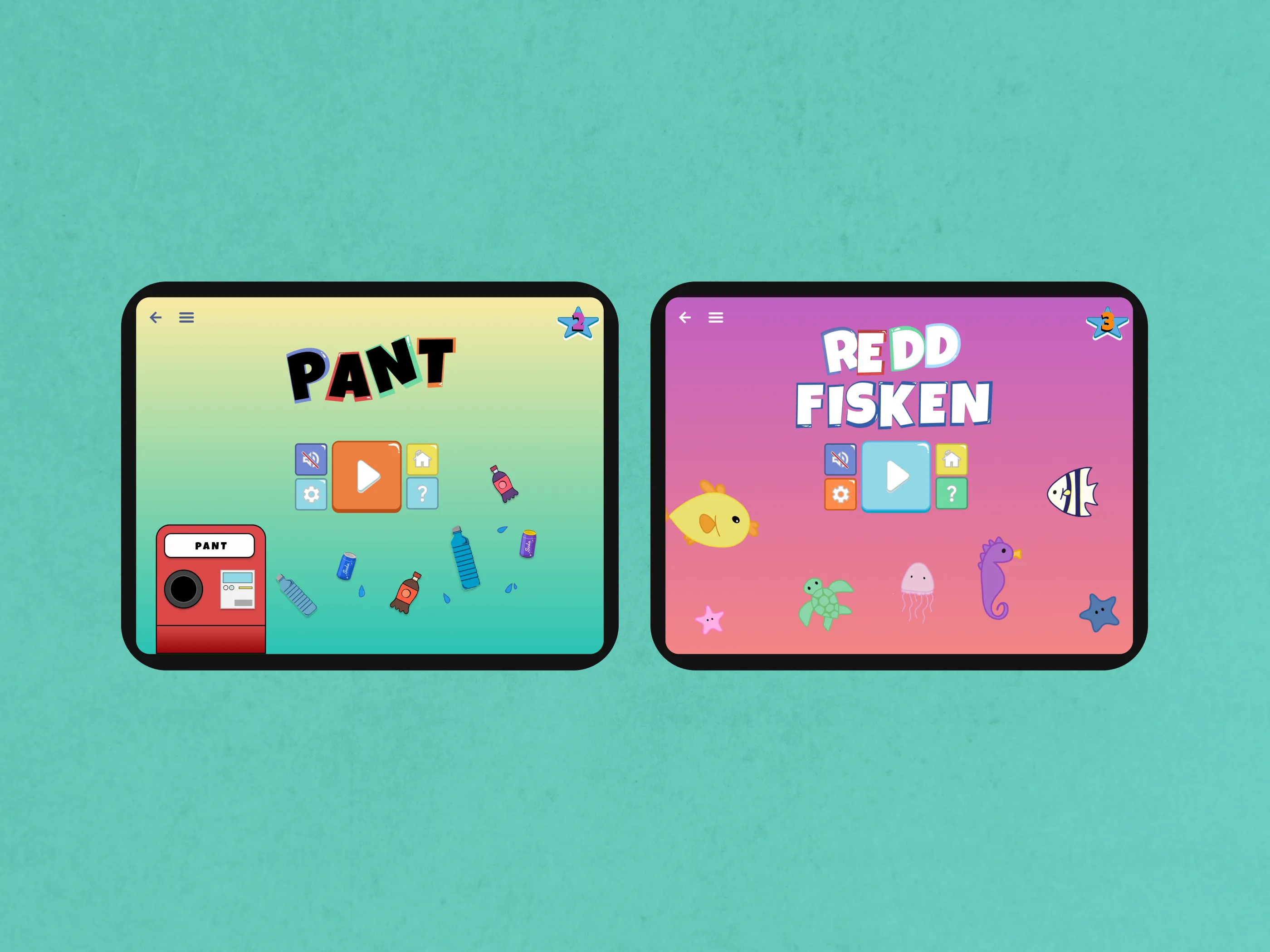 Two different games you can play in Drømmeland, "Recycle" and "Save the fish".