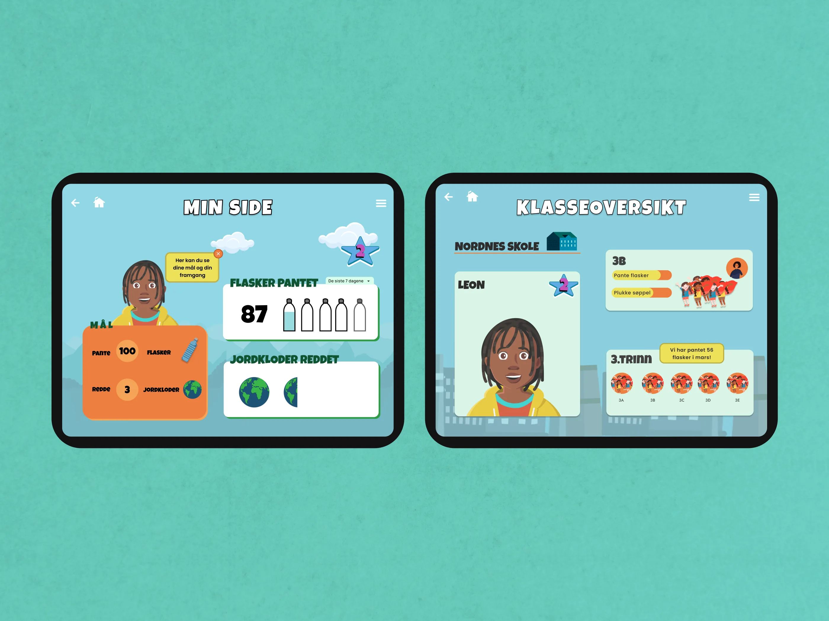 Two IPad-screens displaying both "My page" and "Class room overview" in the Drømmeland app.
