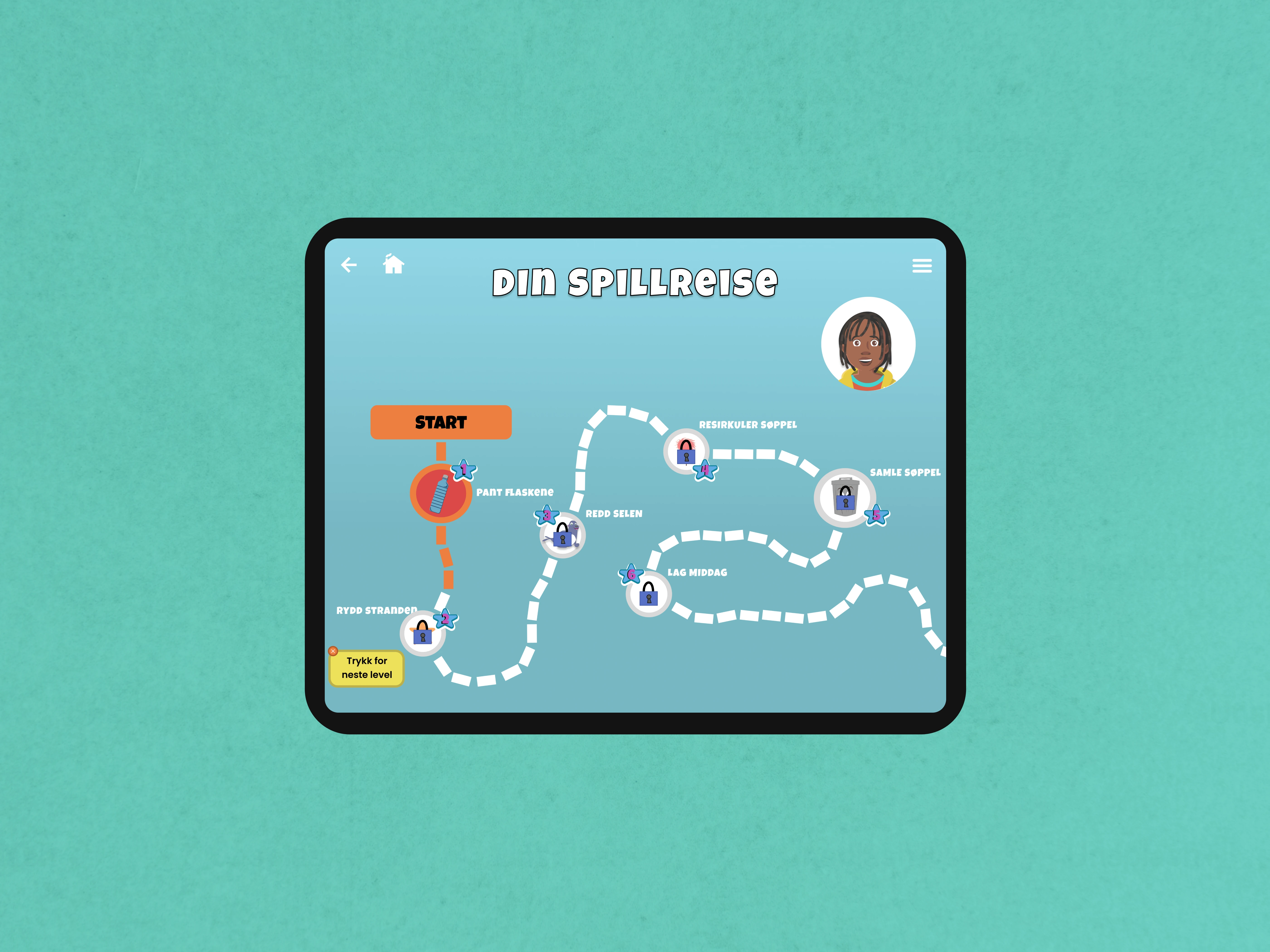 The game-enviroment in the Drømmeland app displayed on an IPad screen.