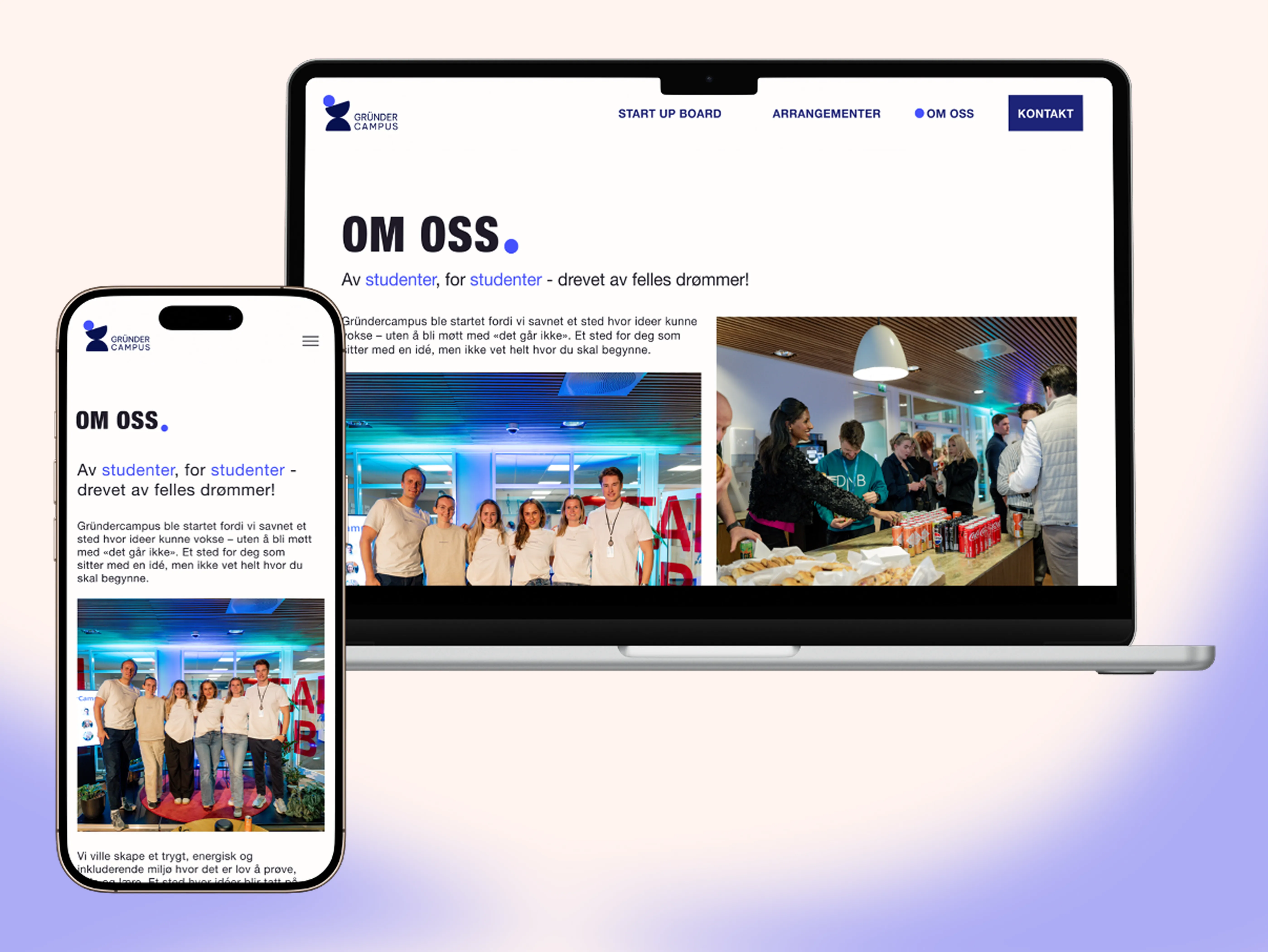 Om oss-side som presenterer GründerCampus' visjon, verdier og The Hub - møteplassen for studenter.
