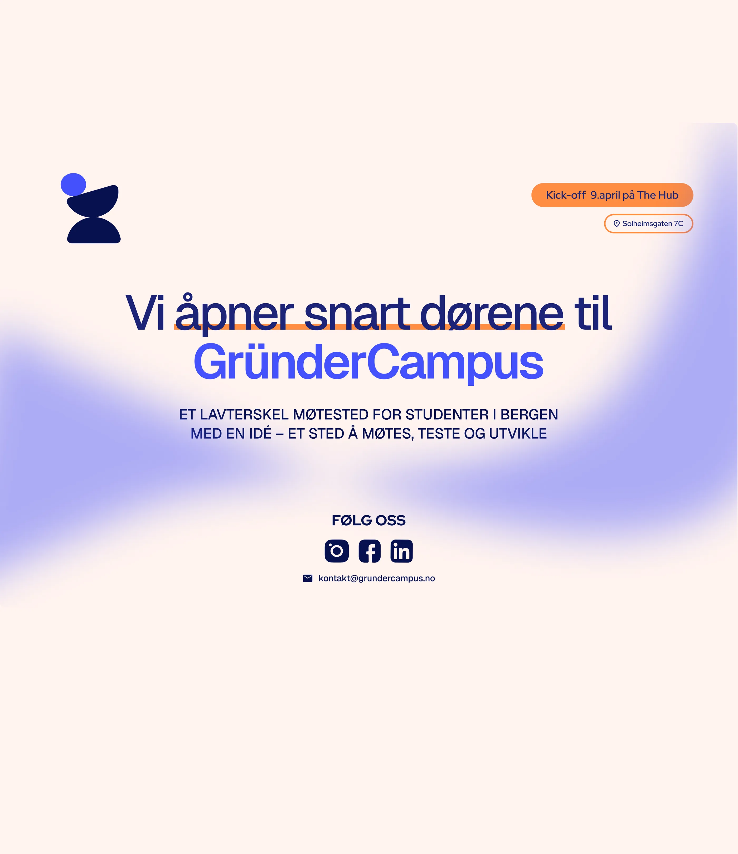 Midlertidig "Coming soon"-side for GründerCampus med introduksjon og visuell profil.