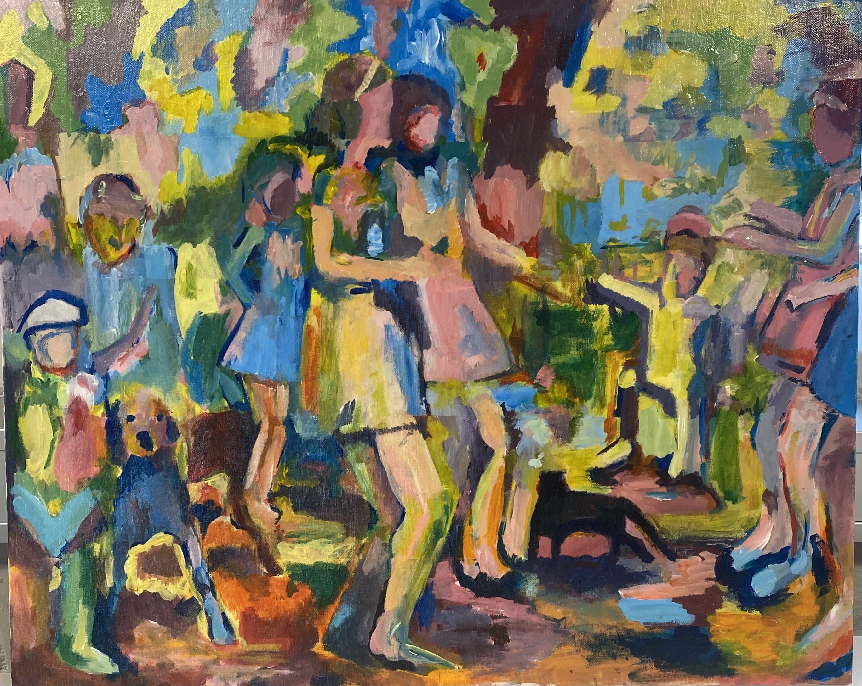 A painting that Stine Knutsen has made, displaying abstract people and animnals in bright colors.