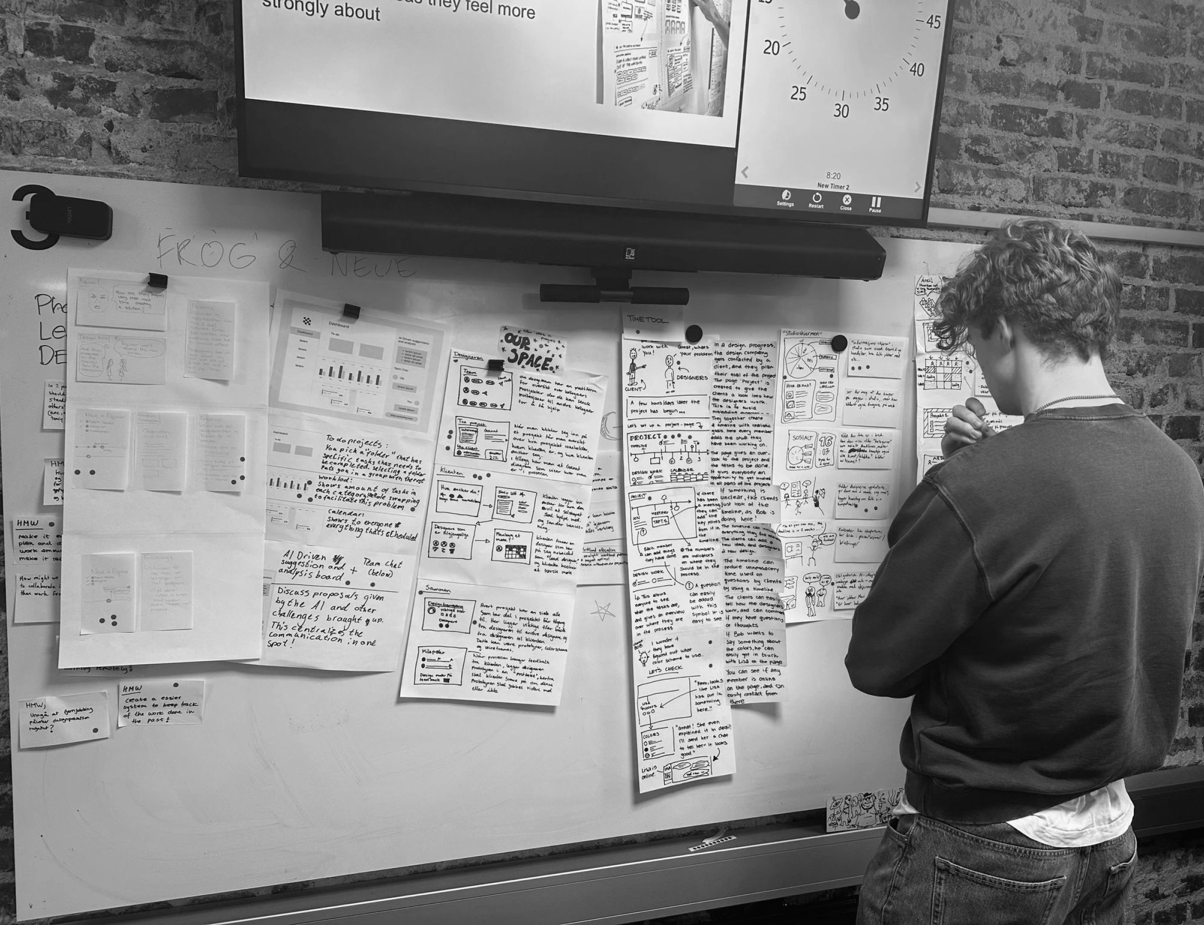 Early drawings of the interface hung upon a whiteboard.