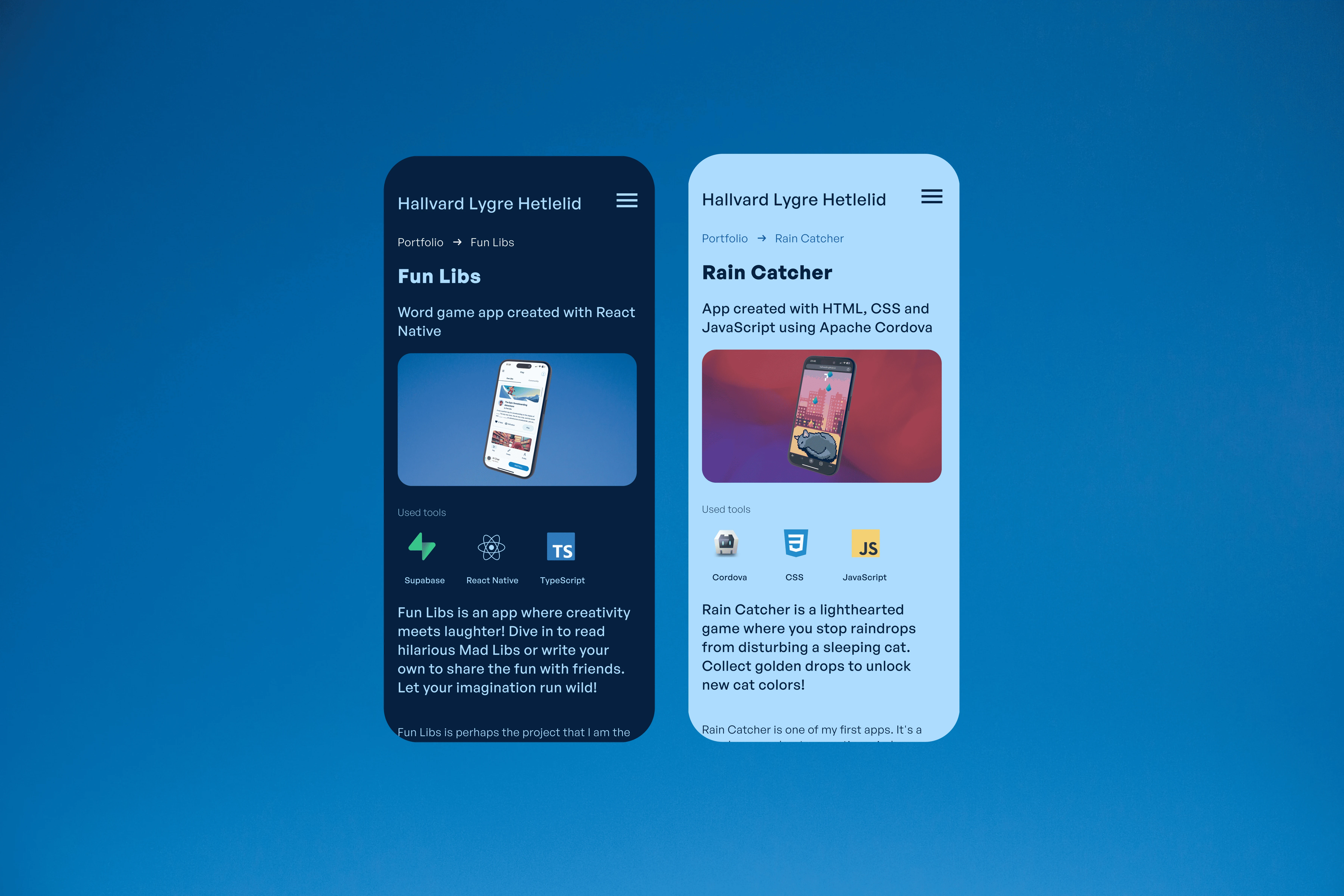 A project showcased in both dark and light mode.