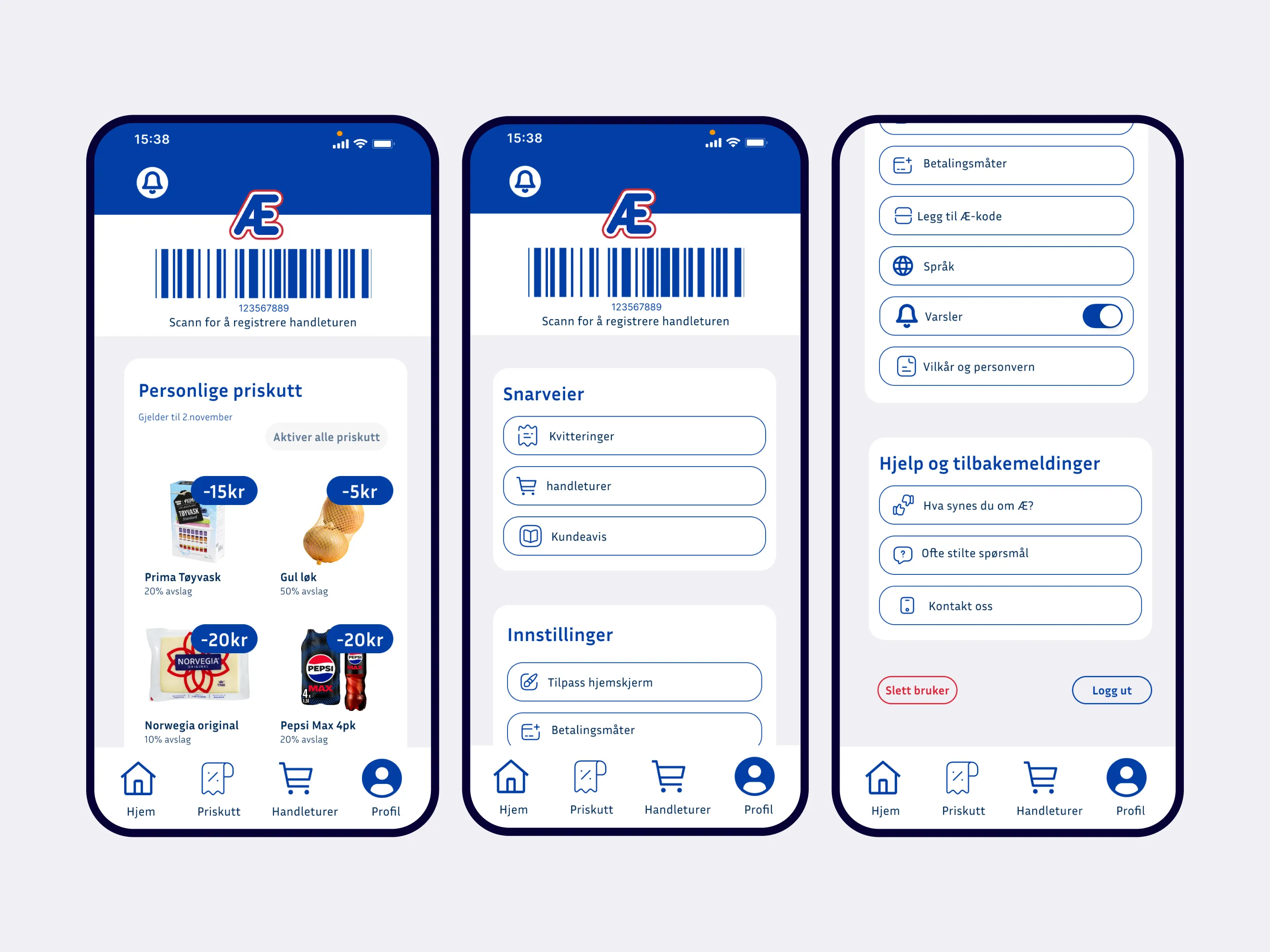 Three different phone screens, each showing a part of the app. The homepage, and two parts of the settings page.