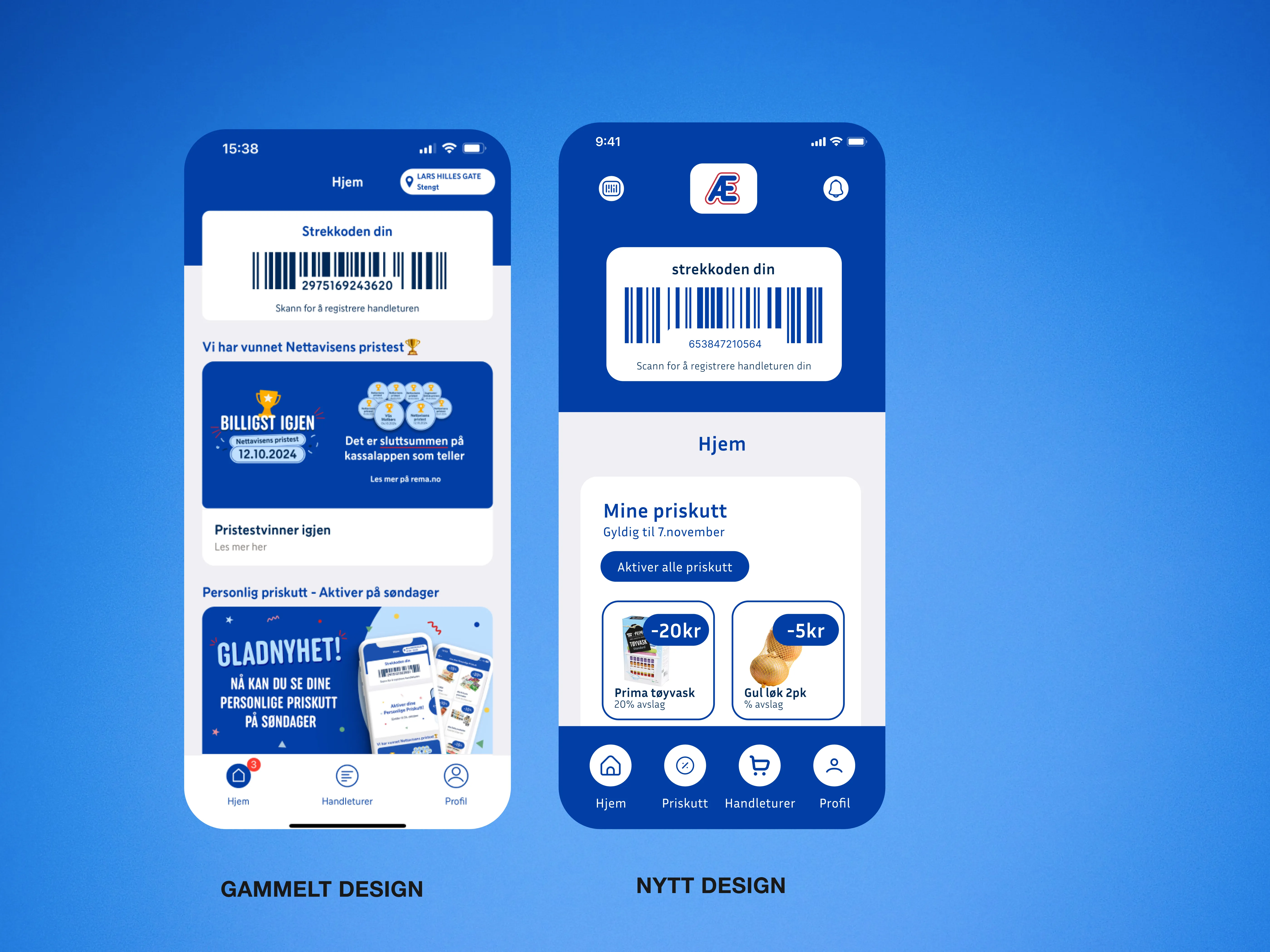 Two phone screens, the homepage of the app and the page showing your discounts.
