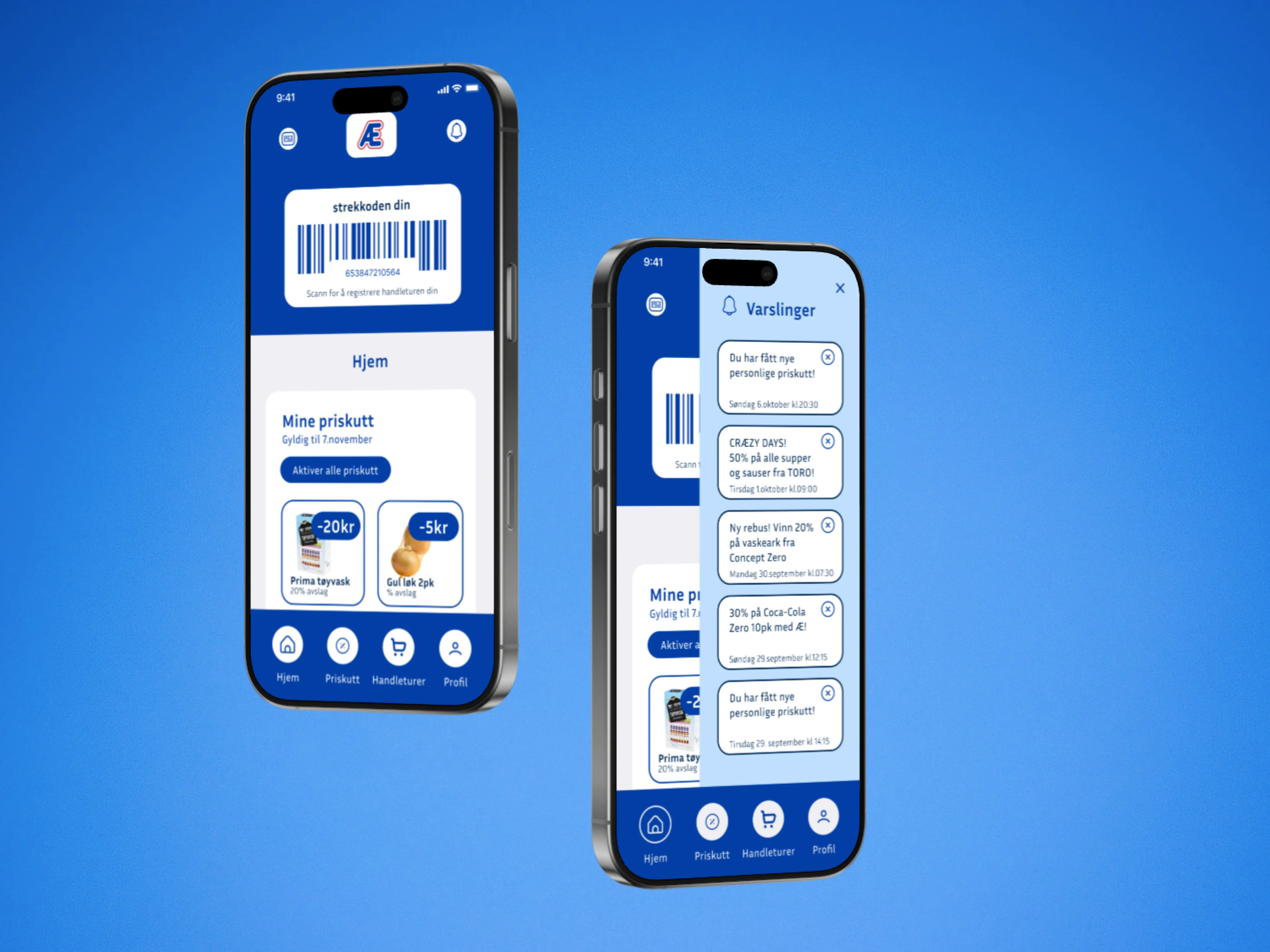 Two phone screens, one showing your discounts, the other showing the notification center.