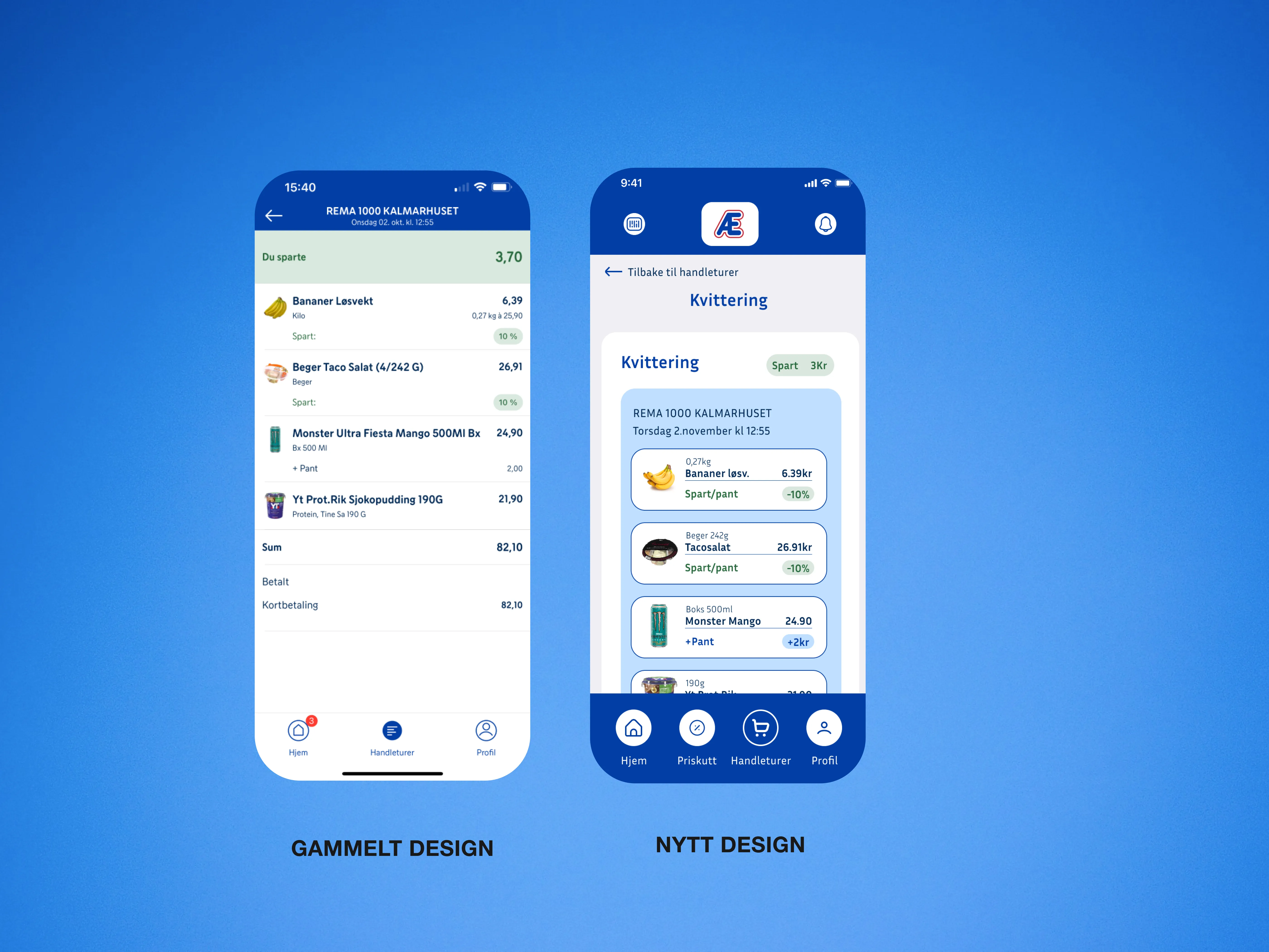 Two phone screens: the current design of the Æ-app, and the new version, both screens showing the receipt section of the app.