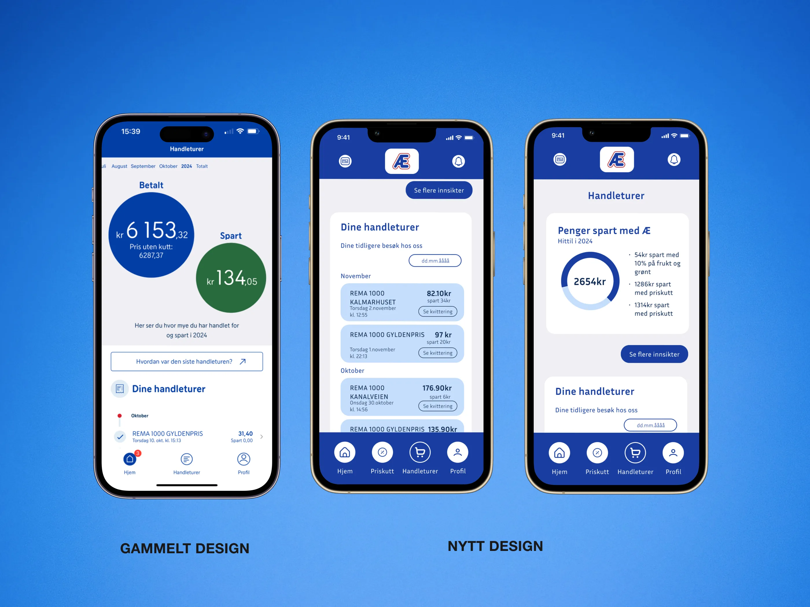Three mobile devices, where one is displaying the original interfaces "shopping trips"-page, where the other two are showing the redesigns "shopping trips" page.