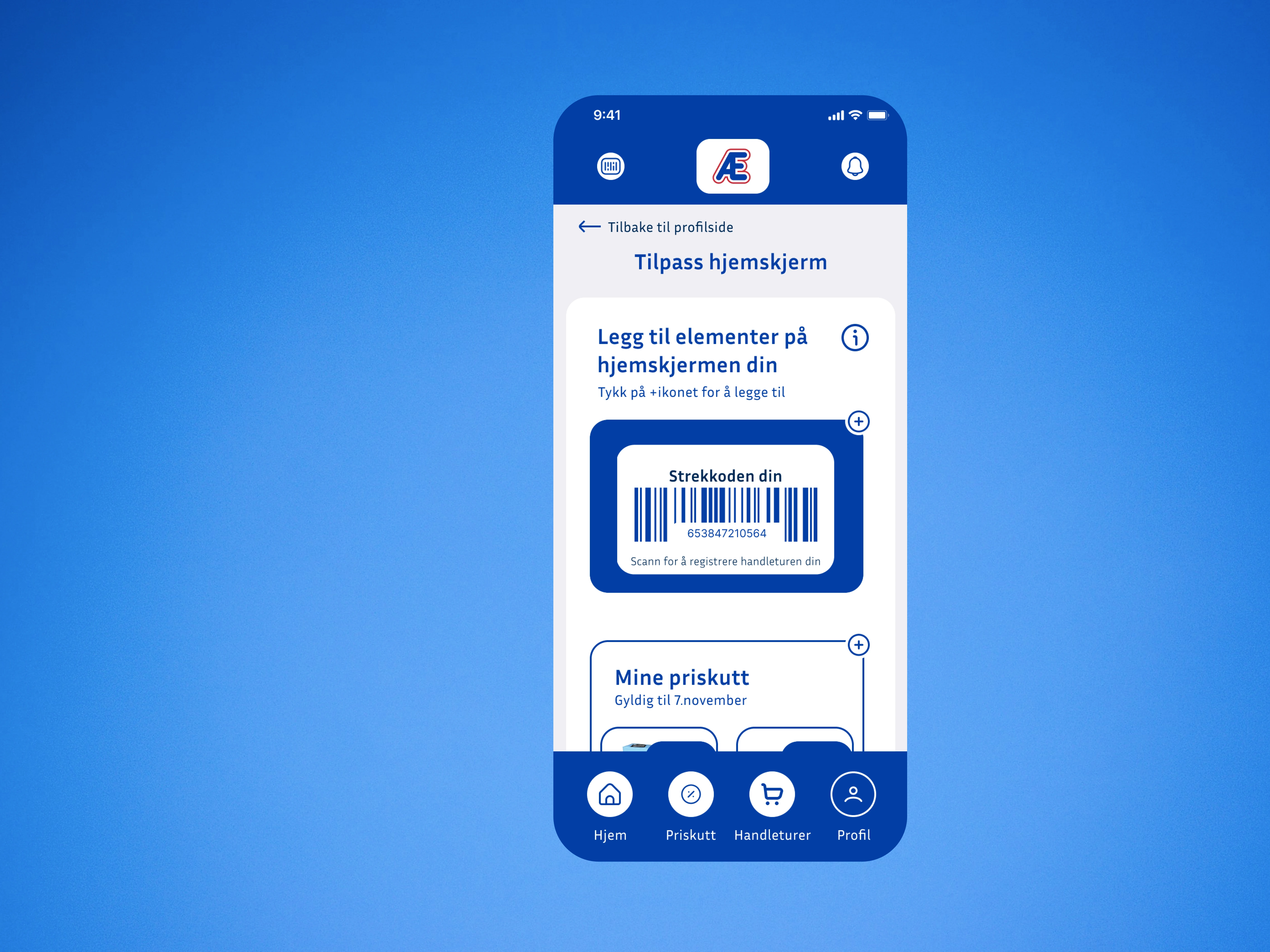 A mobile screen displaying the "adjust your home-page" screen, where the user can add widgets.